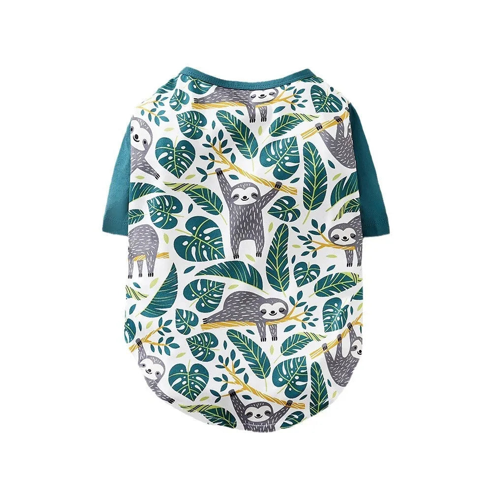 Small dog wearing a colourful printed polyester t-shirt for casual spring or autumn weather.