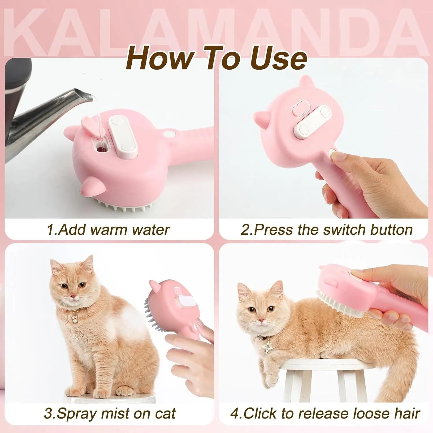 Blue cat steam brush with ergonomic handle and soft rubber comb teeth for pet grooming