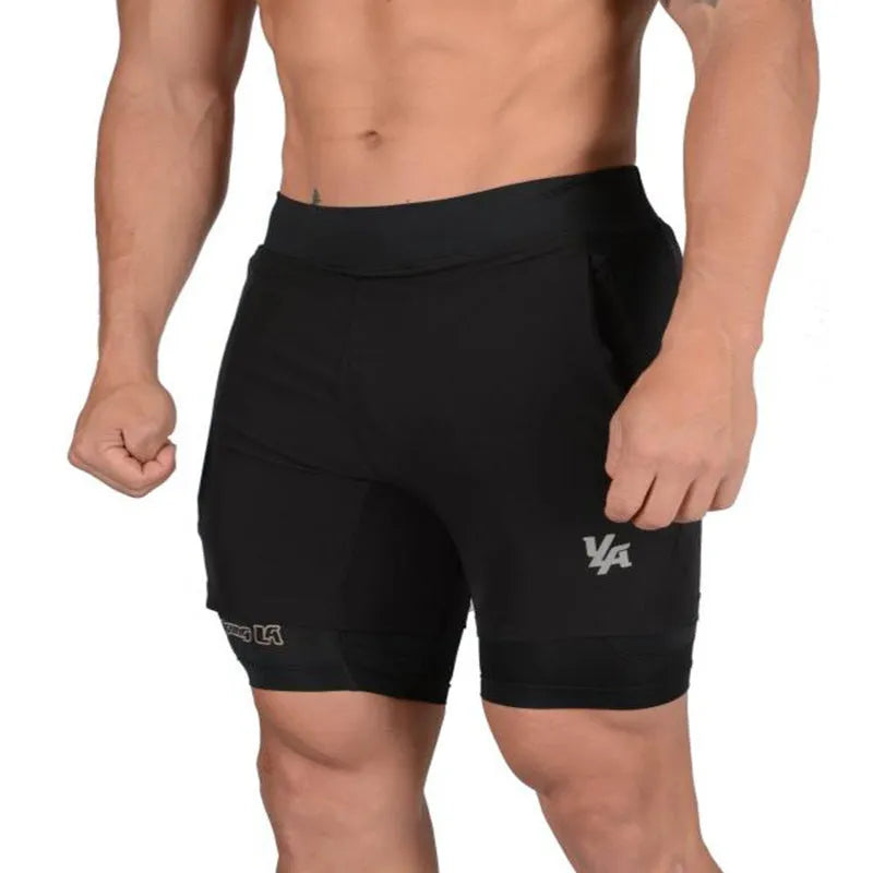Men's 2-in-1 quick-drying running shorts in grey, featuring double-layer design for phone storage