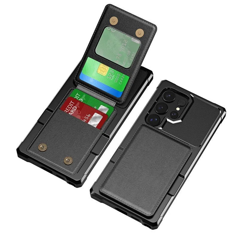 Samsung black PU TPU phone case with card slot and bracket on full cover drop-resistant design