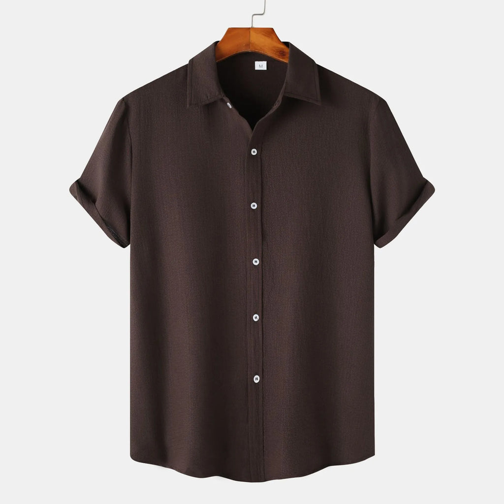 Casual short-sleeved men's cardigan-style shirt in polyester, shown in available colours.