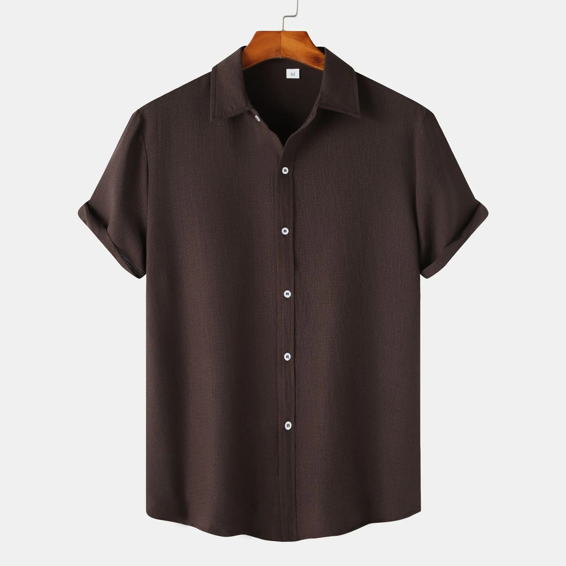 Casual short-sleeved men's cardigan-style shirt in polyester, shown in available colours.