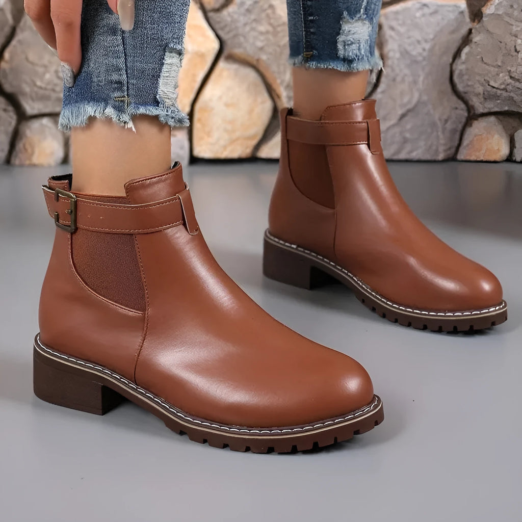 Women's black ankle boots with belt buckle decoration and non-slip rubber soles