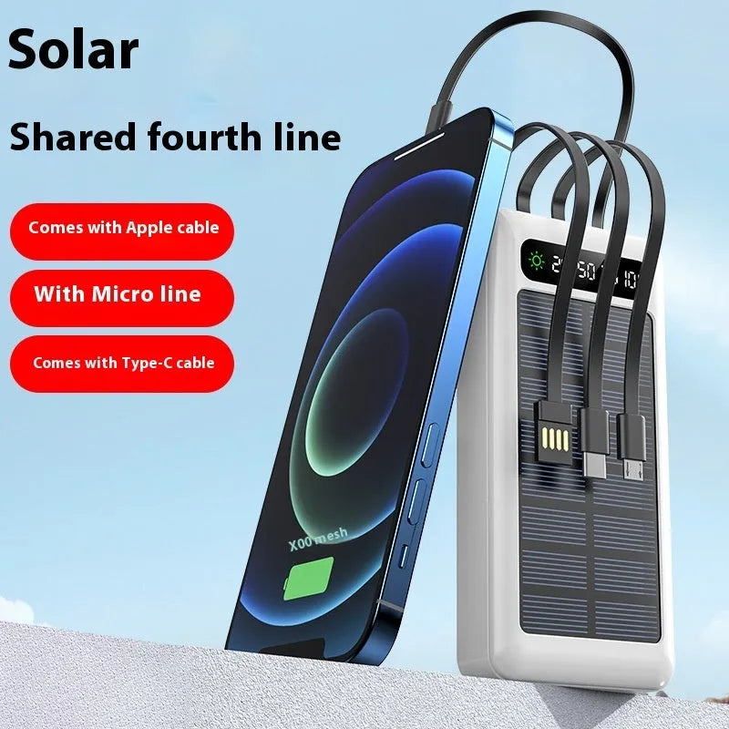 Solar power bank with cable showing 30000 mAh capacity, available in black, white, and green colours