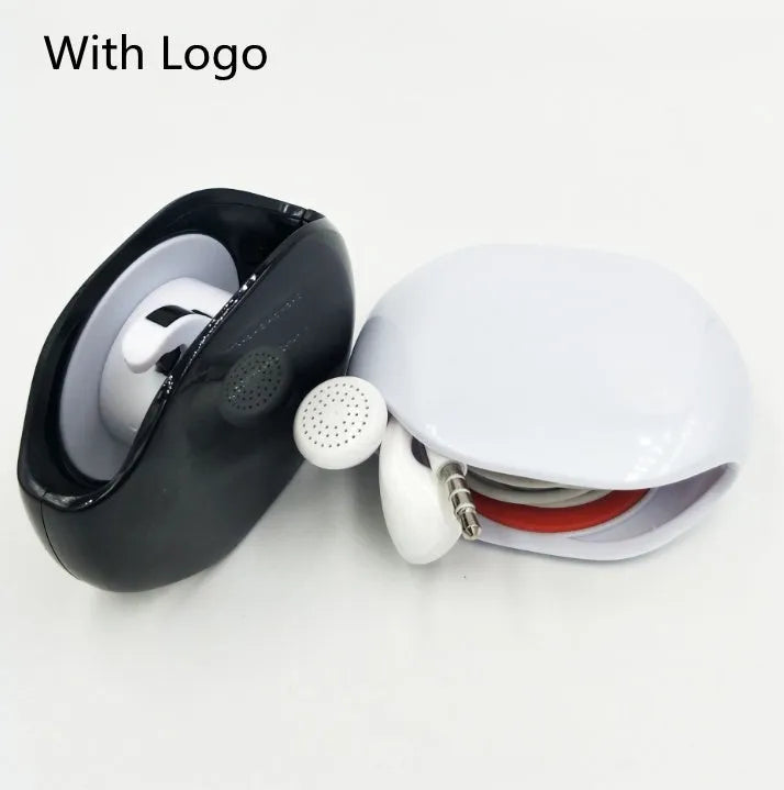 Automatic earphone cable winder unit in blue showing retracted cable, next to a black unit for size comparison.