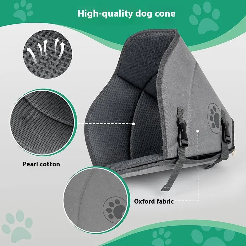 Adjustable polyester recovery collar for pets, shown in single layer style with size options L, M, XL for post-operative protection.