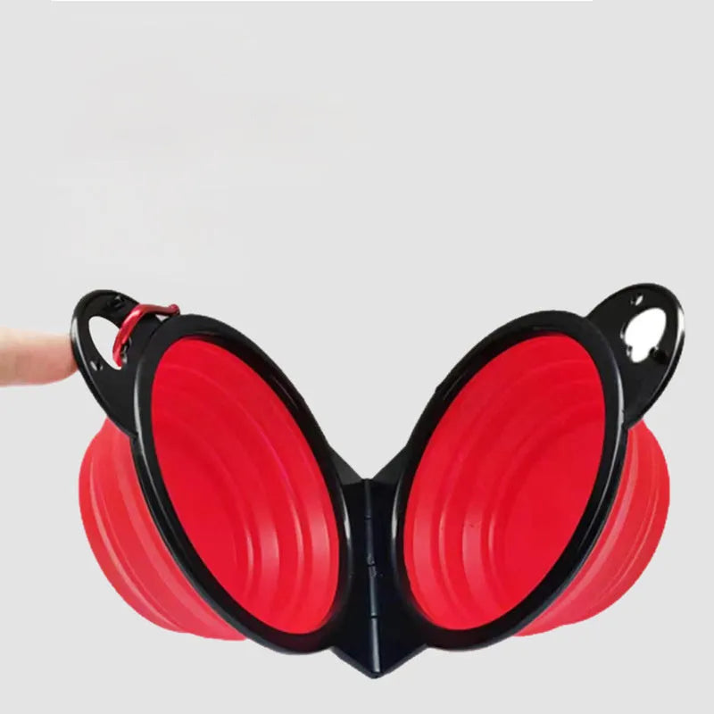 Silicone folding double pet bowl shown open and folded flat in various colours