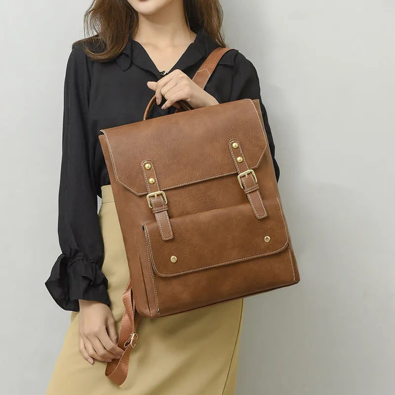 Korean style soft PU retro backpack shown in dark brown colour
