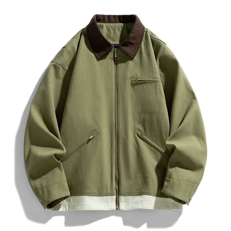 Men's Korean style couple jacket with contrast lapels and side seam pockets in mint green.