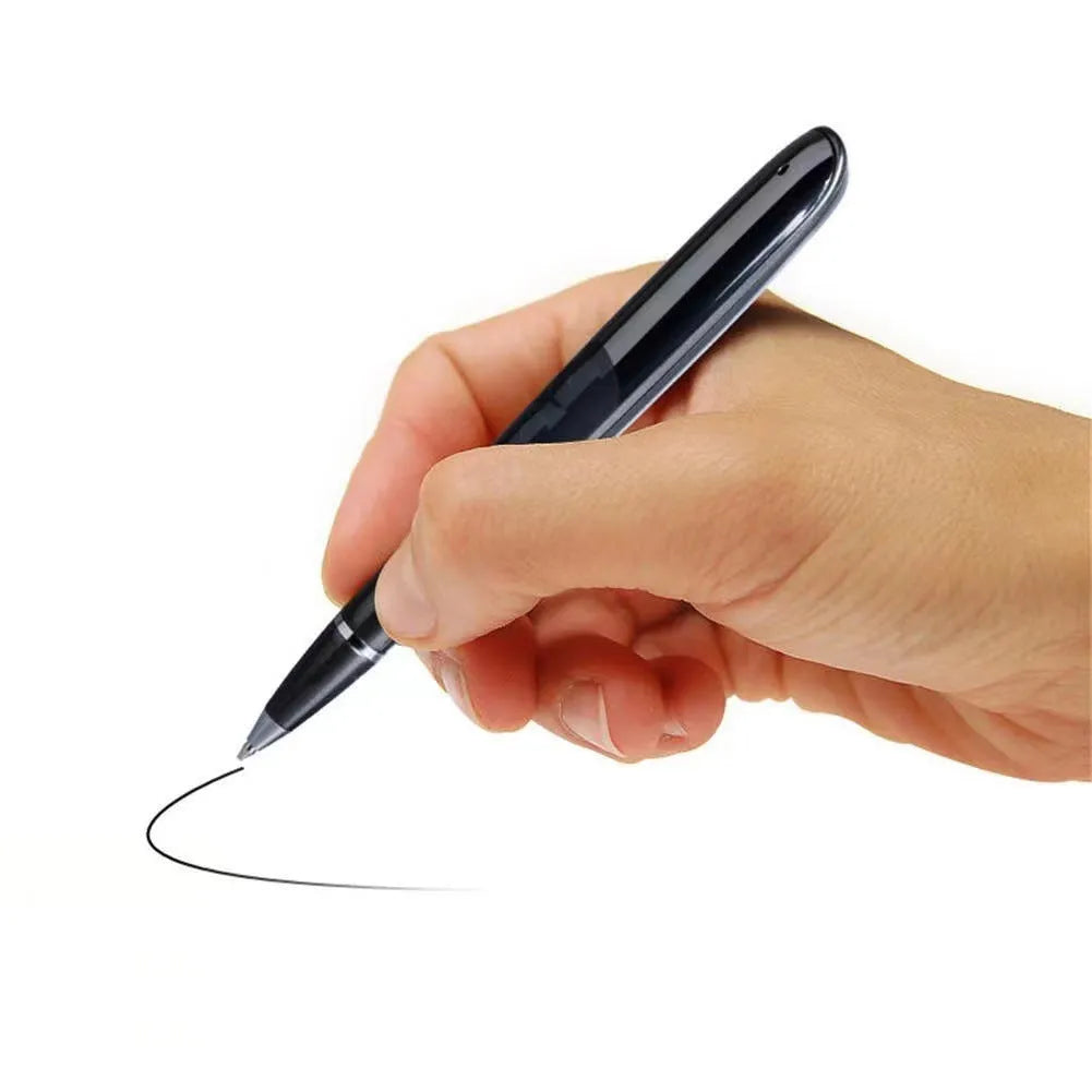 Black digital recording pen with OLED display screen and zinc alloy casing next to included headphones and data cable.