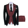 Men's black slim fit three-piece business suit with coat, vest, and trousers on a hanger.