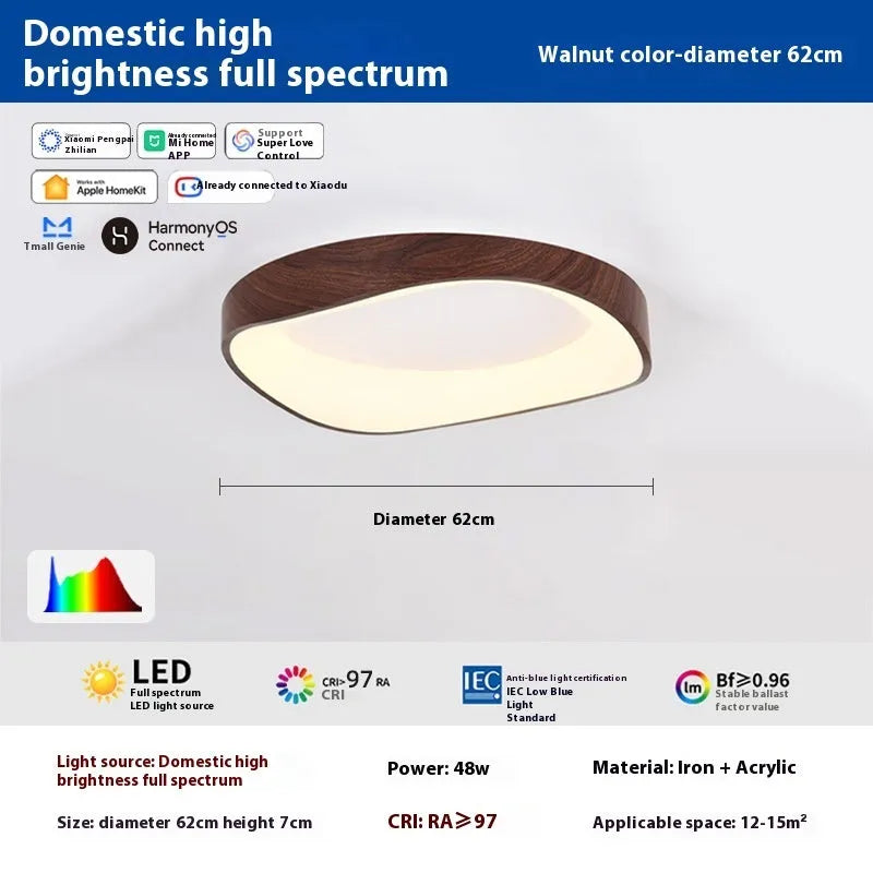 Mid-ancient full spectrum smart ceiling lamp with iron body and acrylic shade in walnut finish
