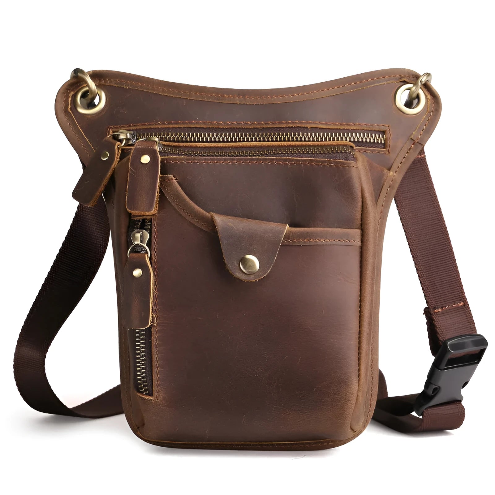 Men's vintage brown crazy horse leather satchel bag with flap closure and carry handles.