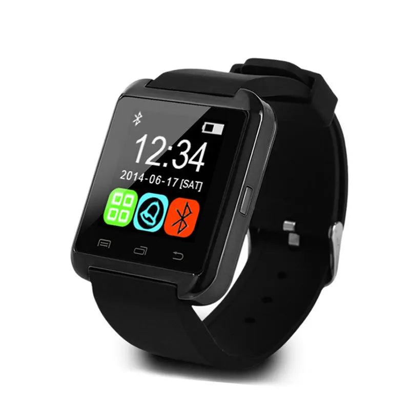 U8 Smart Bluetooth Watch in black, red, or white colours on a wrist.