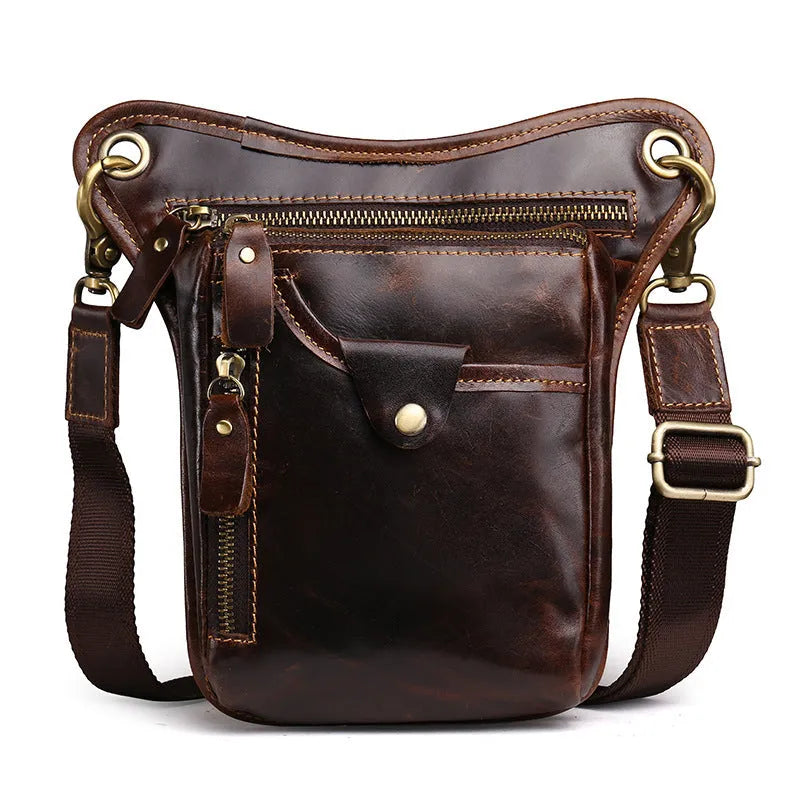 Men's vintage brown crazy horse leather satchel bag with flap closure and carry handles.