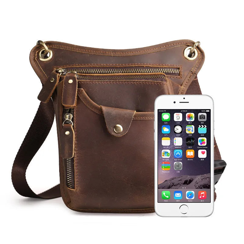 Men's vintage brown crazy horse leather satchel bag with flap closure and carry handles.
