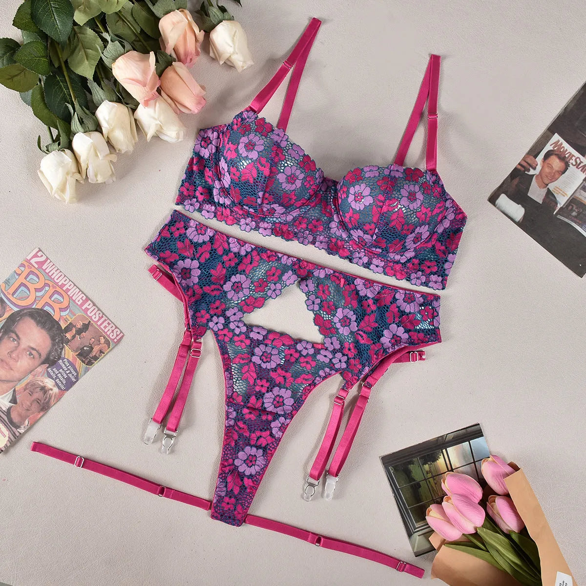 Rose red women's embroidered bikini set with contrast colour details on polyester fabric