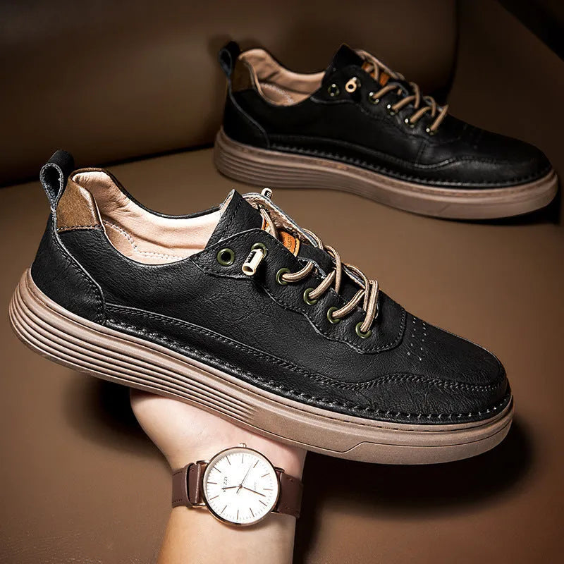 Low-top cowhide flat shoes in black, beige, and khaki for outdoor mountaineering