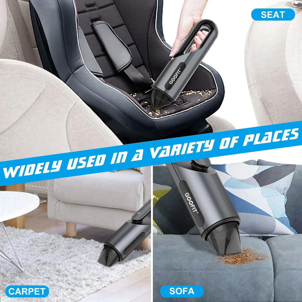 Black portable wireless car vacuum cleaner with brush and flat attachments for vehicle interior cleaning