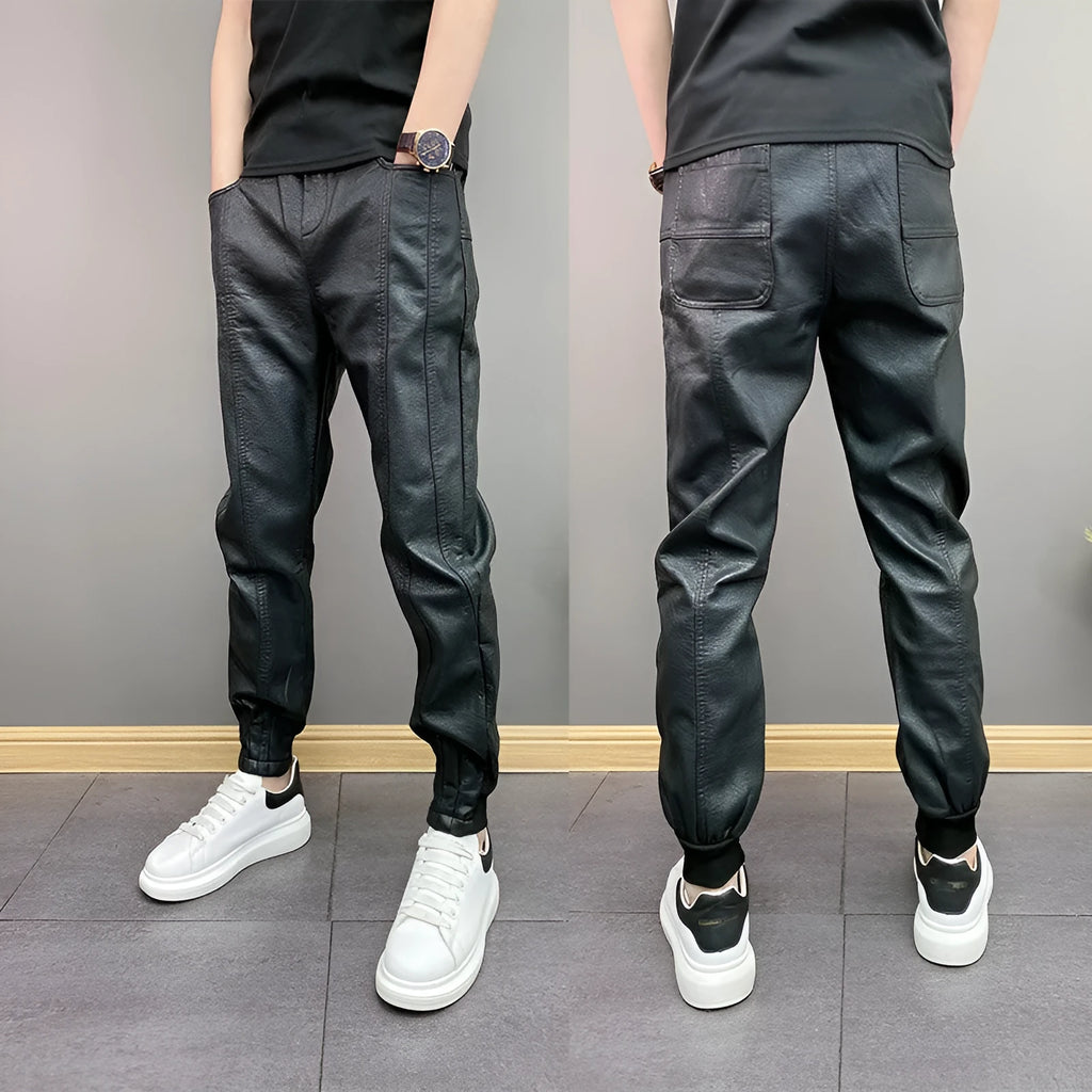 Black waterproof windproof casual rider motorcycle tapered pants with artificial leather lining and mid-rise waist