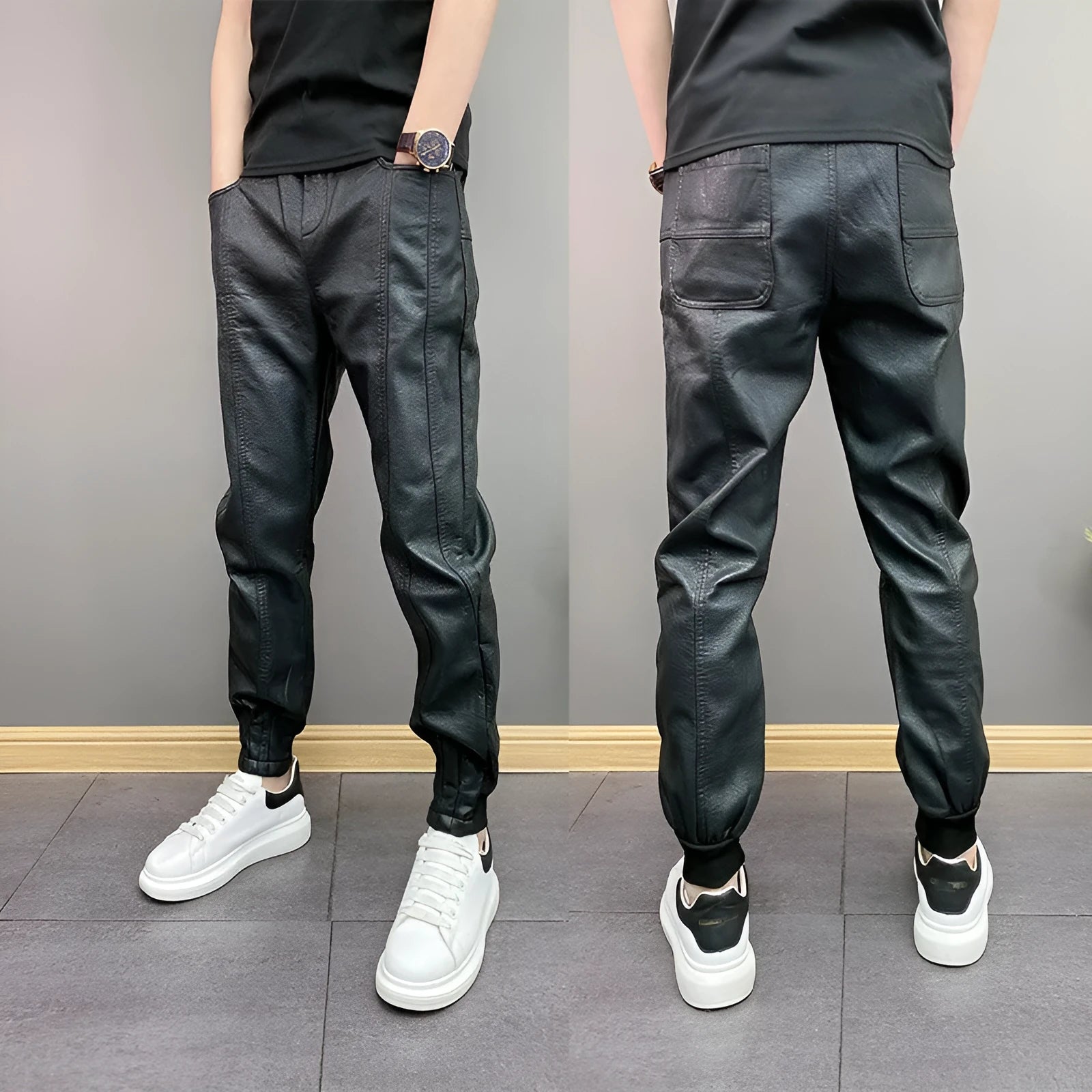 Black waterproof windproof casual rider motorcycle tapered pants with artificial leather lining and mid-rise waist