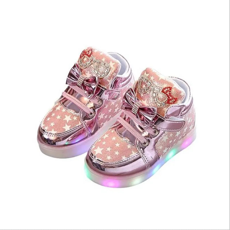 Golden, pink, and silvery LED button lights for children's shoes, sizes 21-30cm.
