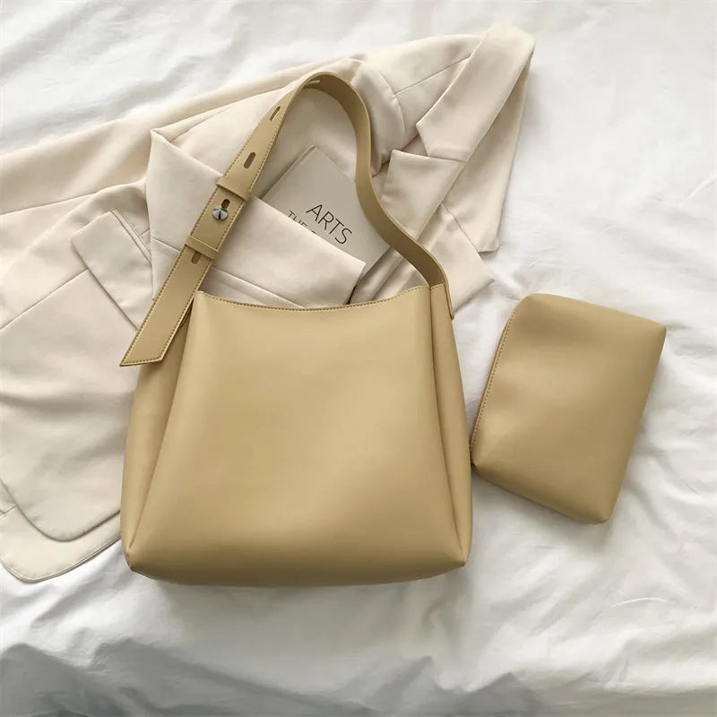 Women's large PU leather shoulder bag set with small bag in five colours white black khaki dark brown brown