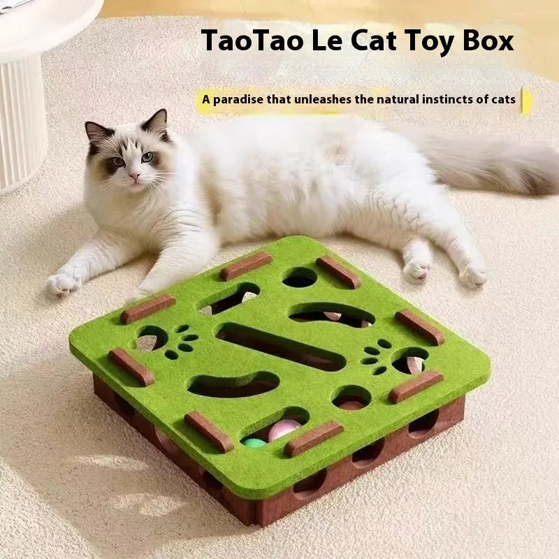 Green brown felt cat toy box with an open interior for scratching and hiding.