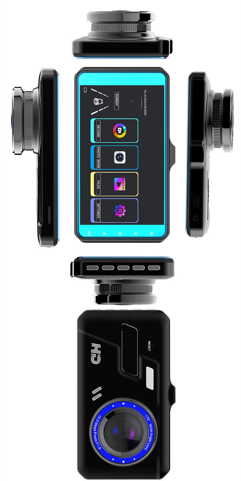 Black front and rear dual lens car dash cam with 4.0 inch touch screen display