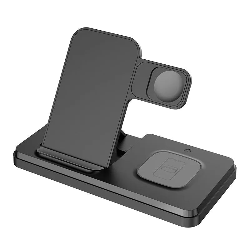 Folding bracket three-in-one wireless charger in black charging an iPhone, Apple Watch, and AirPods on a desk