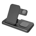 Folding bracket three-in-one wireless charger in black charging an iPhone, Apple Watch, and AirPods on a desk