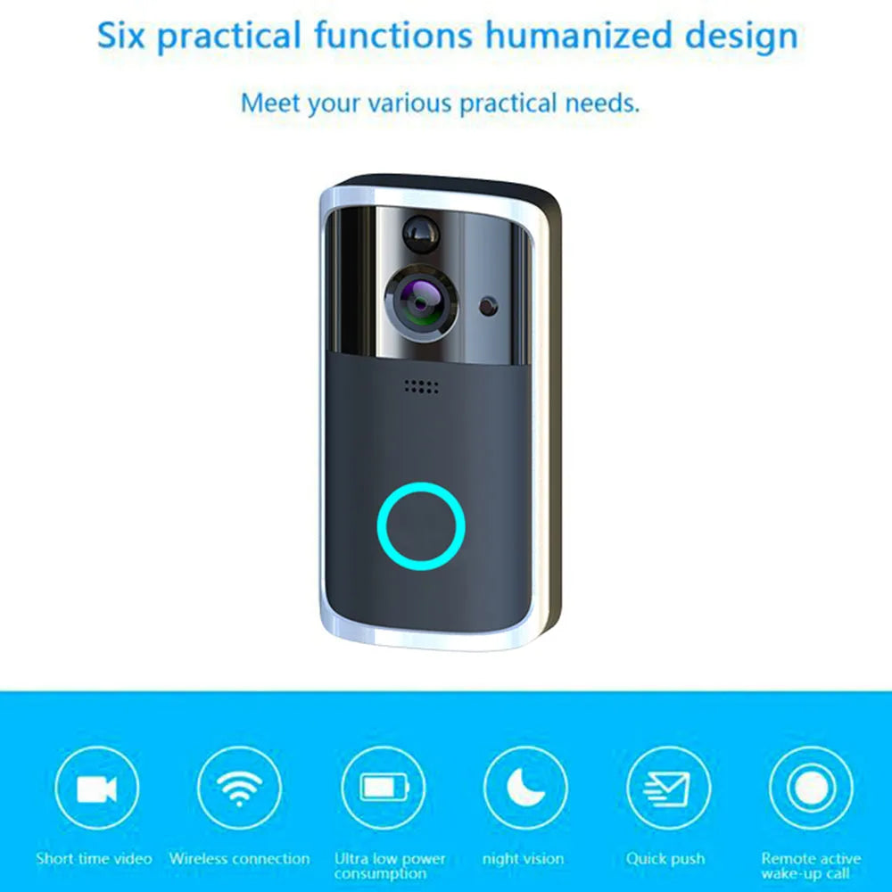 Black WiFi video doorbell camera with infrared night vision and two-way intercom against a white wall