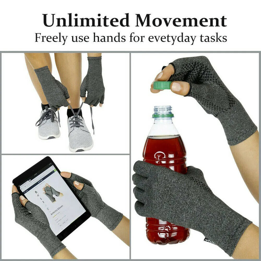 Grey half-finger compression gloves with anti-slip grip on fingertips.