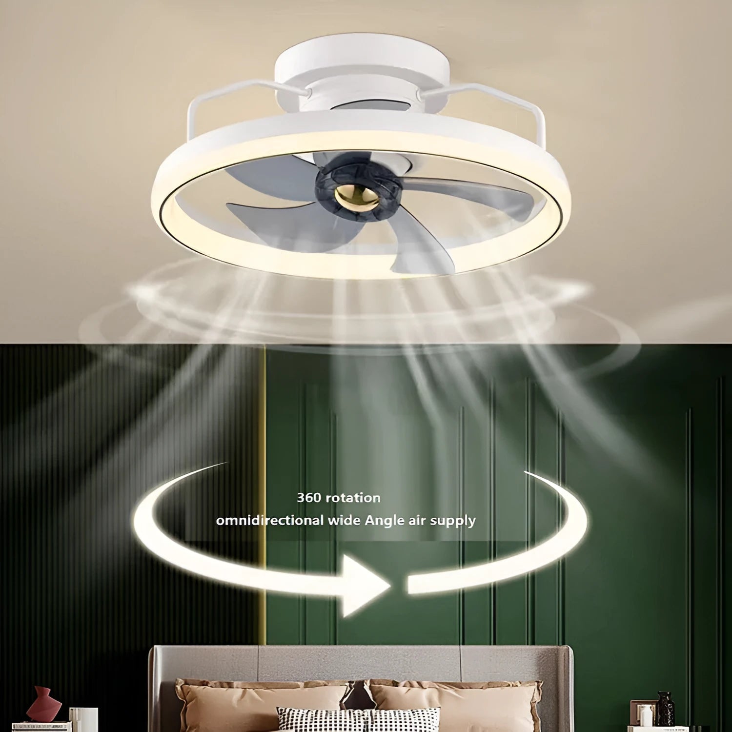 Modern ceiling fan lamp with light showing PC blades and acrylic shade in rose gold finish