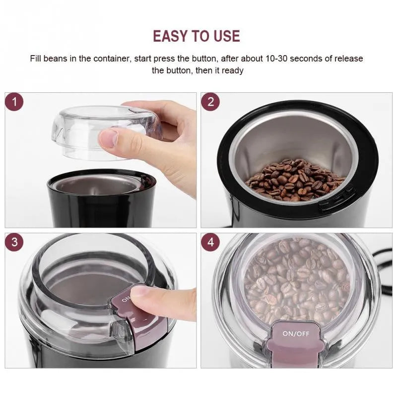 Black mini electric grinder with stainless steel liner and 400W motor for coffee beans and spices