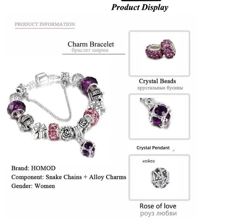 Multi-strand beaded bracelet with alloy, glazed, and crystal beads in six colour options and 18-21cm lengths