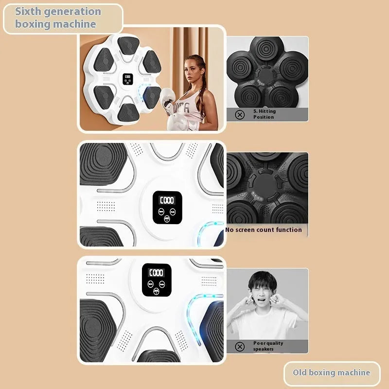 White smart music boxing machine wall target with focus gloves mounted on a wall.