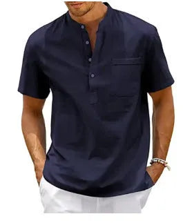 Men's solid colour stand collar polo shirt with short sleeves in lightweight bird eye cloth