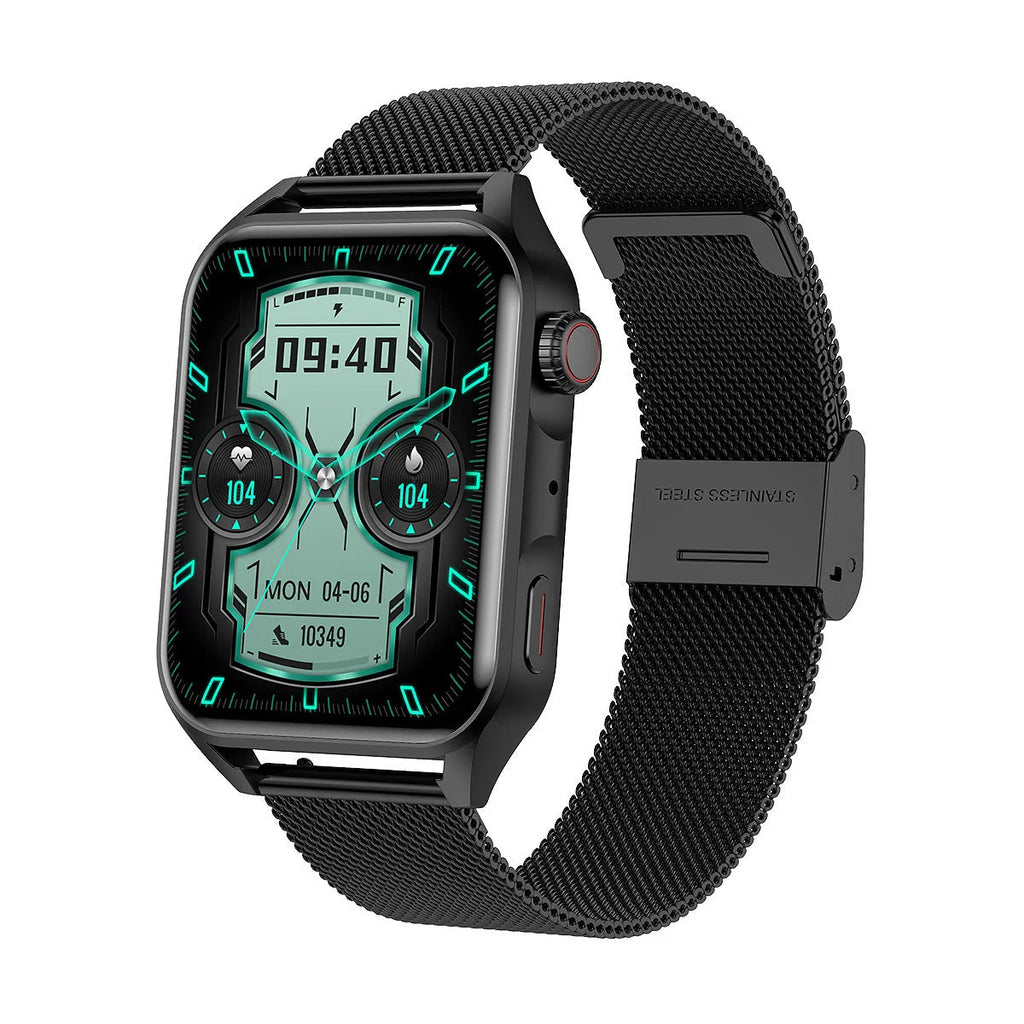 Black smart watch with HD AMOLED screen and silicone wrist strap on a wrist.