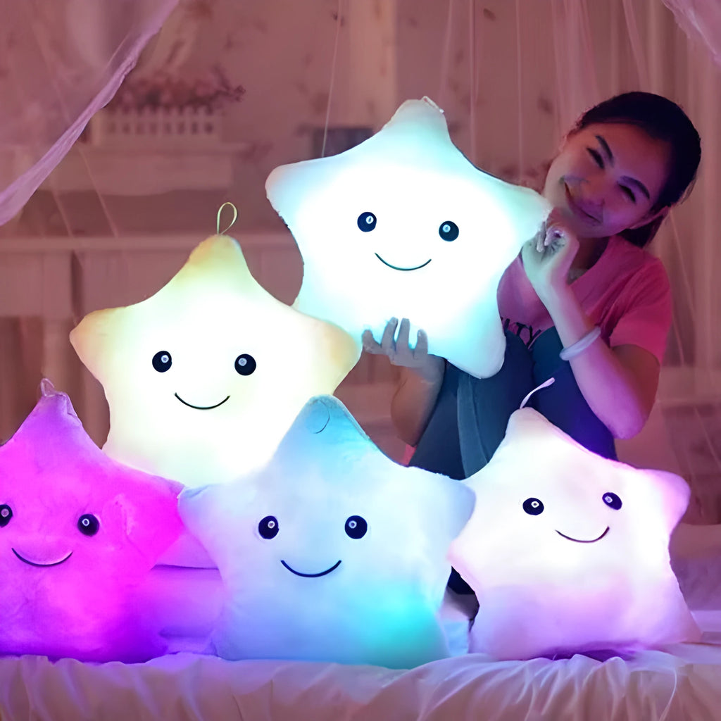 Colourful star-shaped plush cushion with LED flashing lights for children