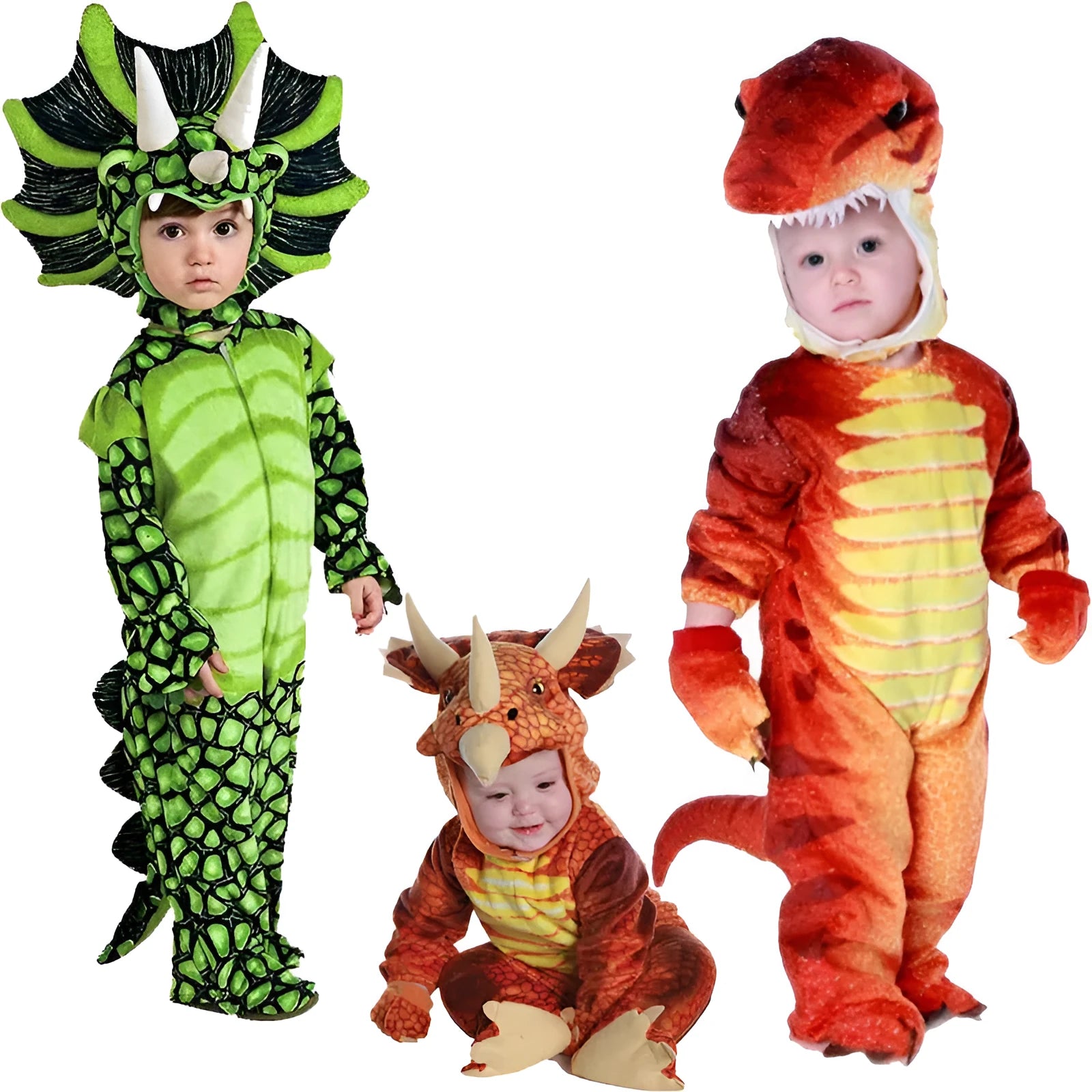 Children's Jurassic dinosaur Halloween costume in multiple colours including green and orange.