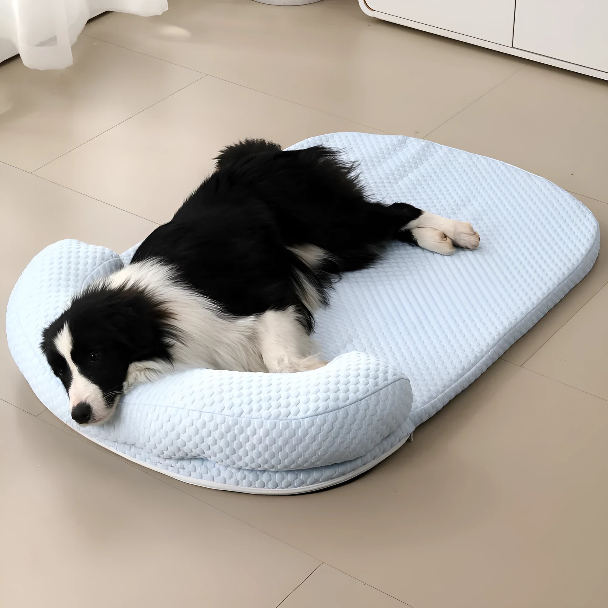 Summer pet cooling mat in blue with breathable cloth surface and ice peas filling for dog cooling relief