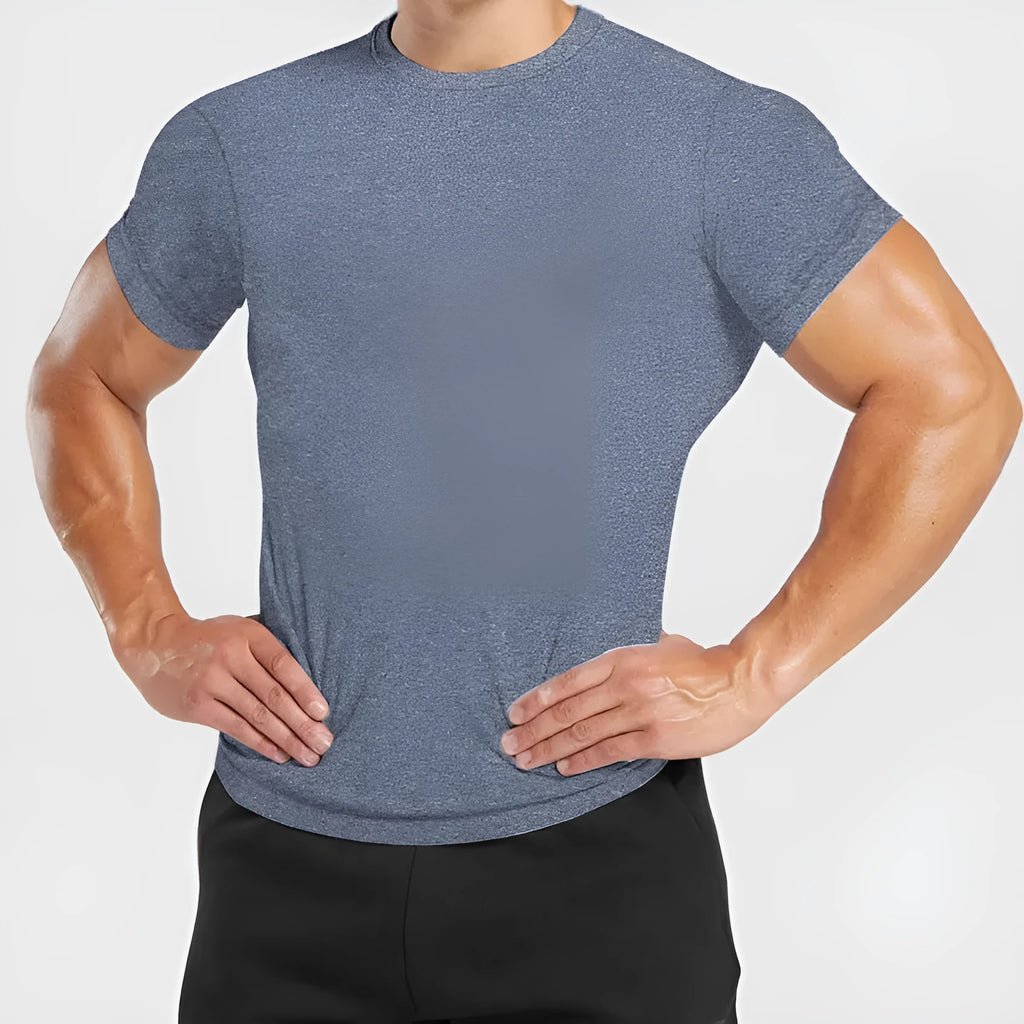 Men's quick-dry round neck short-sleeved T-shirt with polka dot pattern in blue, slim fit polyester fabric