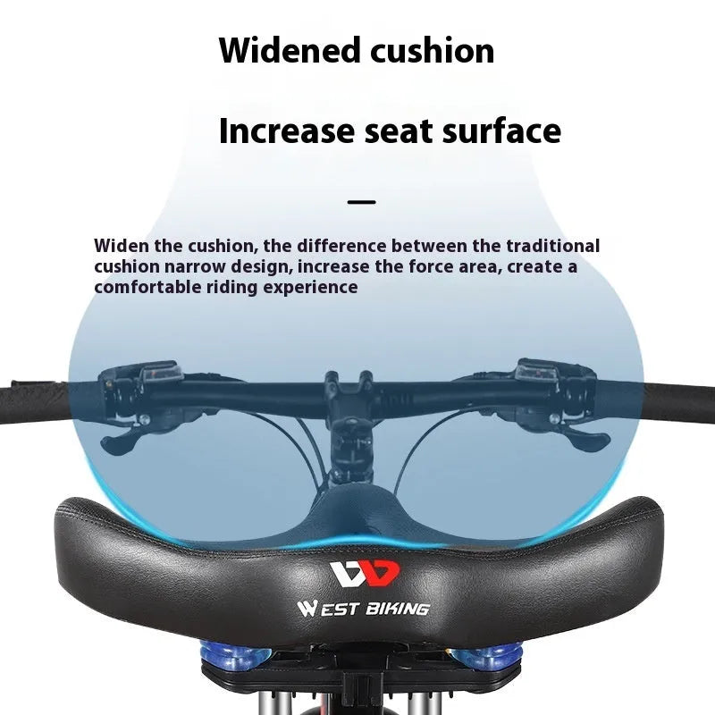 Black leather bicycle seat cushion with thick foam padding for shock absorption.
