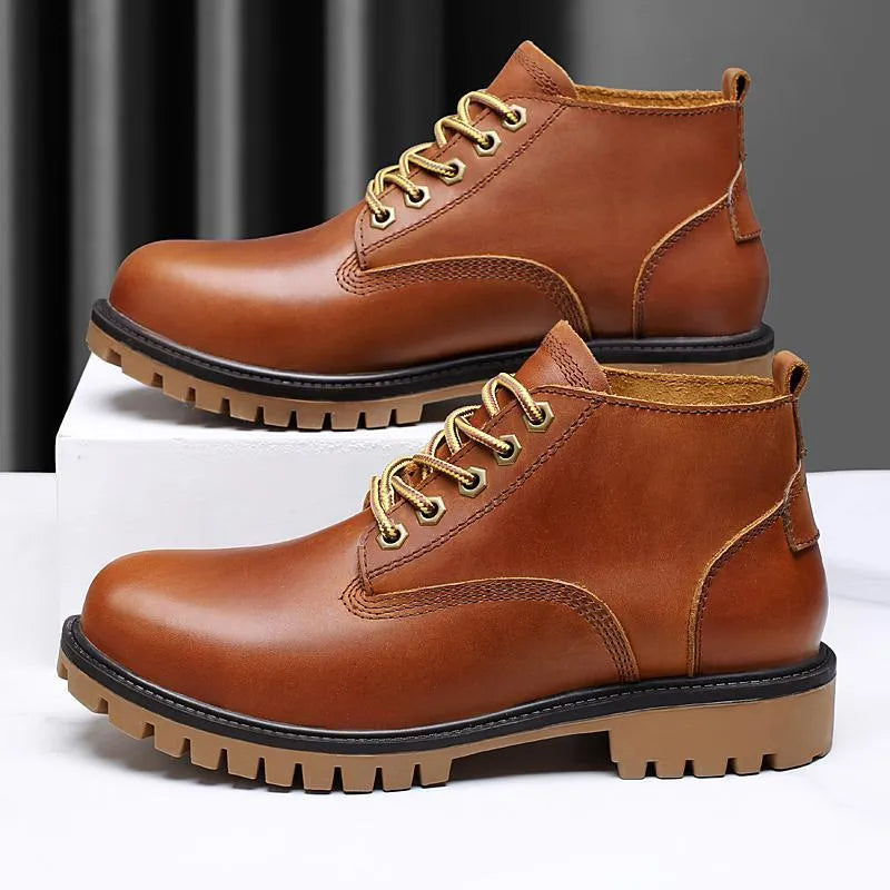 Brown first layer cowhide leather Martin boots with round toe and front lace-up closure