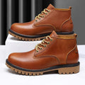 Brown first layer cowhide leather Martin boots with round toe and front lace-up closure