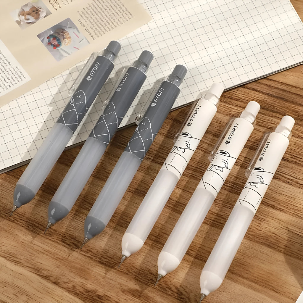 Black and white 0.5mm mechanical pencils showing cloud grip detail on the plastic barrel.