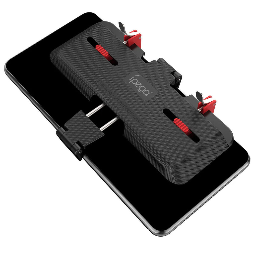 Black PG-9137 mobile phone gaming trigger grip stand with adjustable metal trigger and telescopic fixing clip.