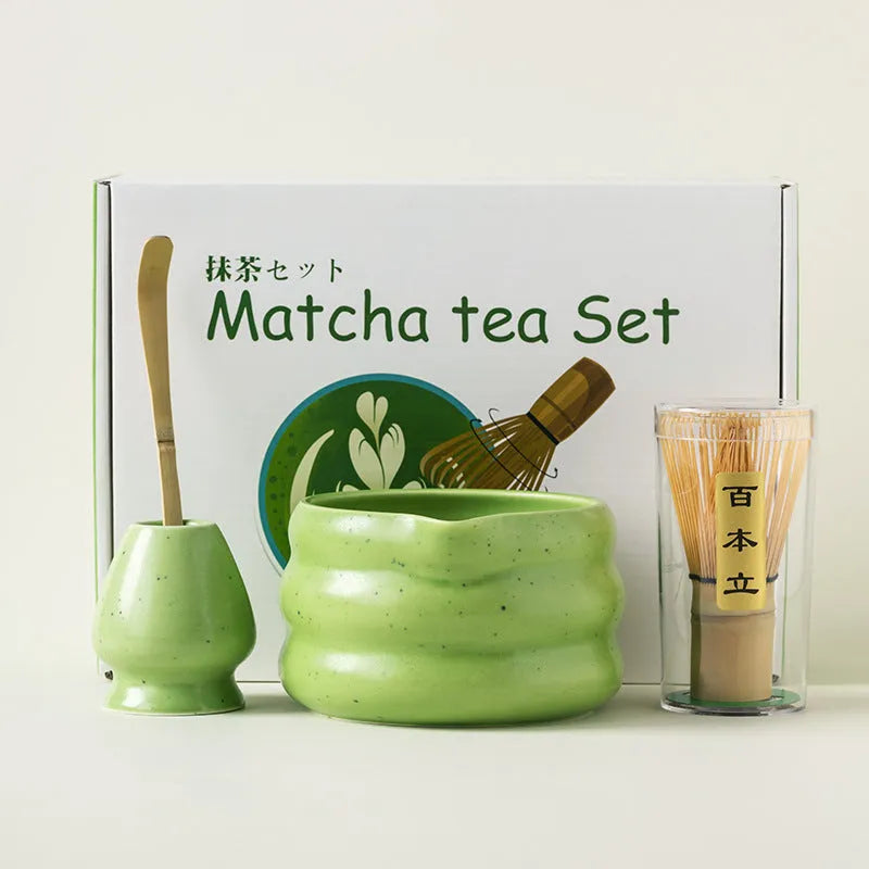 Ceramic matcha stool bowl with sand point finish, 4-piece set, one bowl in focus