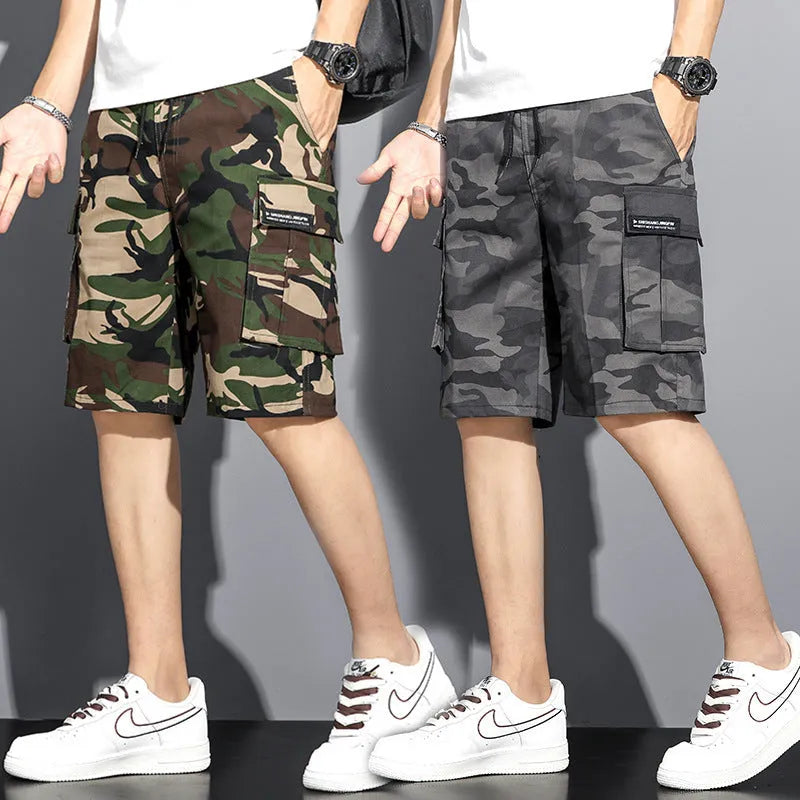 Men's summer camouflage 5-point workwear shorts with drawstring waist in green flower pattern